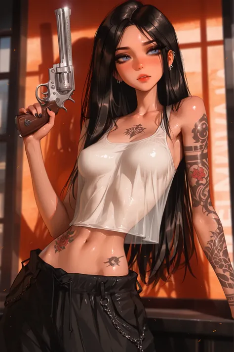 skinny, full-body-goth-tattoo, masterpiece, best quality, very aesthetic, movie quality, depth of field, soft saturation, focused subject, ,official style, shiny skin,1girl, goth long hair, long black hair,  gray-blue eyes, forehead, tattoos, feline eyelin...