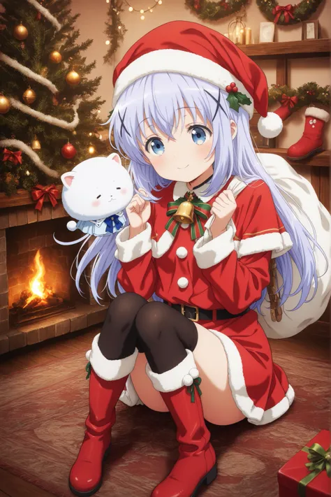 masterpiece, extremely high definition, high definition, Newest, 1girl, c-chino, file, I'm smiling in a Santa Claus-style Christmas costume. She wears a red top with a white gorgeous border, 、Red miniskirt decorated with snow、I'm wearing a black belt with ...