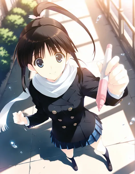 masterpiece,best quality,good quality,newest, outdoors,day, smile, looking at viewer, solo, anime coloring, sugiura_koharu\(white_album_2\),1girl,black hair,ponytail,hair ribbon,blue eyes, white scarf,black jacket,double-breasted, plaid_skirt,pleated_skirt...