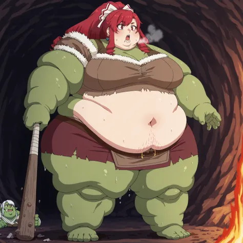 <lora:marina-aparida_s1-ixl-anime-soralz:1>, marina (aparida), long hair, red hair, two-tone hair, swept bangs, drill sidelocks, heart earrings, red eyes, white hair ribbon, curled ends, Becoming a orc, monster, Orc, Female Orc, green skin, tusks, Orc, fan...