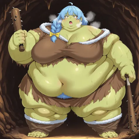 aparida rain, long hair, bangs, green eyes, blue hair, yellow eyes, braid, ahoge, hair bow, grey eyes, single braid, yellow bow, braided ponytail, mature female, Becoming a orc, monster, Orc, Female Orc, green skin, tusks, Orc, fangs, 1girl, fur, rags, bro...