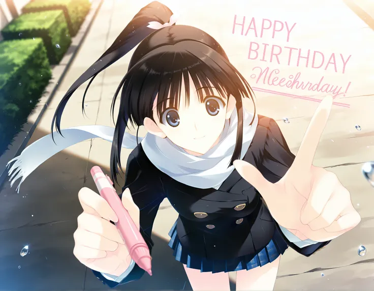 masterpiece,best quality,good quality,newest, outdoors,day, smile, looking at viewer, solo, anime coloring, sugiura_koharu\(white_album_2\),1girl,black hair,ponytail,hair ribbon,blue eyes, white scarf,black jacket,double-breasted, plaid_skirt,pleated_skirt...