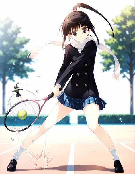  masterpiece,best quality,good quality,newest, outdoors,day, smile, looking at viewer, solo, anime coloring, sugiura_koharu\(white_album_2\),1girl,black hair,ponytail,hair ribbon,blue eyes, white scarf,black jacket,double-breasted, plaid_skirt,pleated_skir...