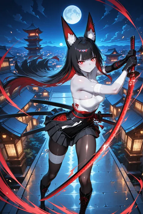High quality, masterpiece, ultra-detailed, one female, solo, fox ears, red eyes (eye description: 1.2), (piercing eyes: 1.1), long black hair, blunt bangs, white bleached top, Japanese open crochet top, black pleated miniskirt, bandaged arm, black gloves, ...