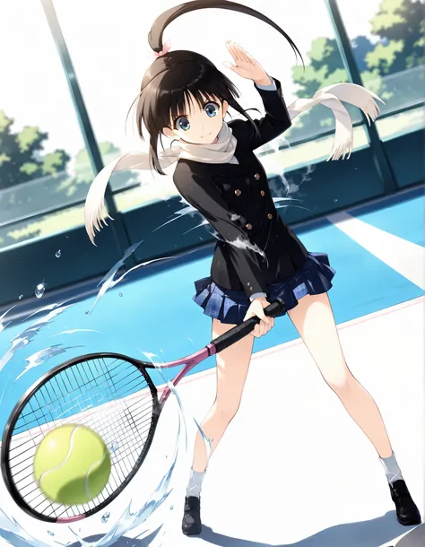 masterpiece,Highest Quality,Good quality,Newest, Outdoors,day, smile, watching viewers, solo, anime painting, Sugiura_Koharu\(white_albums_2\),1girl,black hair,Ponytail,hair bow,blue eyes, white scarf,black jacket,double breasted, check pattern_skirt,plea...