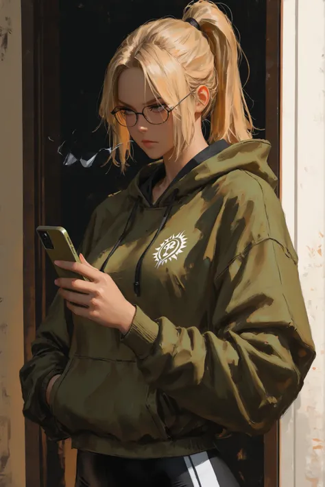 1girl, solo centered, female, centered, standing and holding a phone, chic glasses, blonde ponytail and parted bangs, university hoodie with OD green parka on top, tight sports pants, elegant, serious, harsh dramatic lighting, Korean comic style , semi-rea...