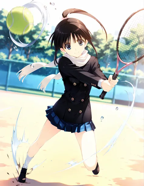 masterpiece,best quality,good quality,newest, outdoors,day, smile, looking at viewer, solo, anime coloring, sugiura_koharu\(white_album_2\),1girl,black hair,ponytail,hair ribbon,blue eyes, white scarf,black jacket,double-breasted, plaid_skirt,pleated_skir...