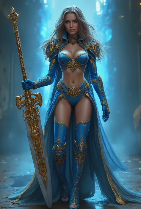 Impressive female Warhammer 40K psionic in light body-hugging sexy servo gear with free cleavage, blue and gold colors, hohe stilettstiefel, Impressive psionic rod, serrated chainsword with rotating blade, brunette hair frames perfect deeds, imperial symbo...