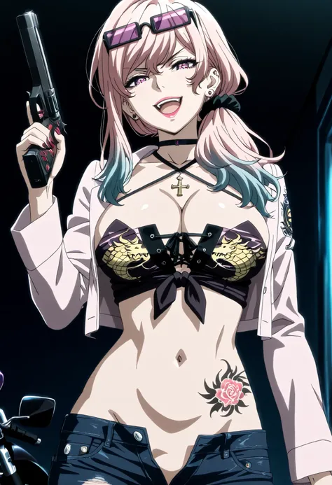 Akudama Drive（doctor）slender、nail polish, ear piercing, long hair, pink hair, lipstick, Hot girl, baddie,, sensual, attractive ,choker , cross necklace,  jewelry, earrings, pull_down jeans(show off panties,:1.2, no panties),masterpiece,high
quality,4k,bell...