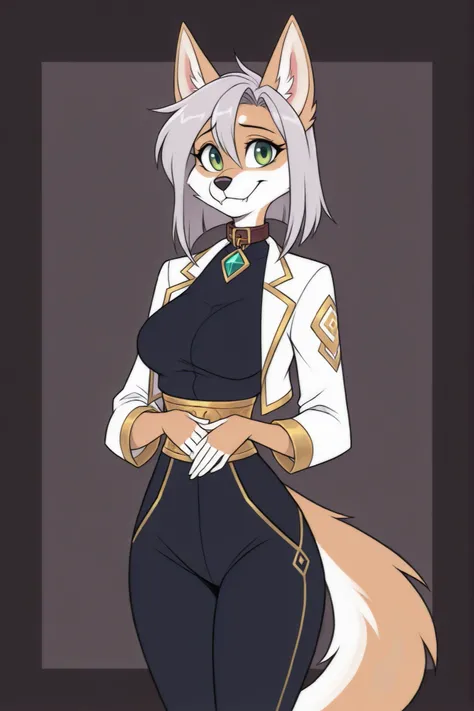 (solo), simple plain background, best quality, high resolution, absurdres, adult, cute, vivziepop, anthro, furry female, (welsh corgi and shiba inu mix, corgi ears, shiba tail), (tall, light brown body, white patches), straight hair, medium hair, light sil...