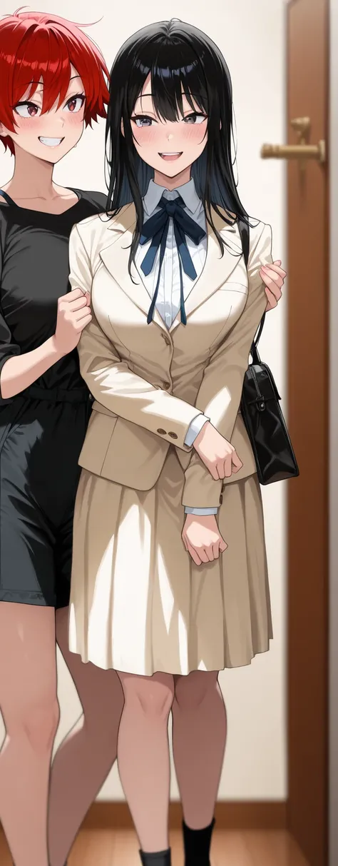 Duet, 2 girls, 1 Tomboy red head, 1 Black long hair girl, smile, Open mouth, teeth,hd, másterpiece, absurd,, Big saggy breast, inlove gaze, , blush,masterpiece,best quality,amazing quality,anime coloring,masterpiece,best quality,amazing quality,anime color...