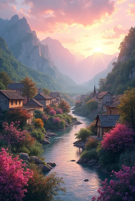 Small village by the river, mountains in the background, colorful pink flowers, detailed landscape, beautiful scenery, atmospheric lighting, scorching sunset, warm colors, practical, photography, detailed foliage, intricate buildings, cobblestone street, c...