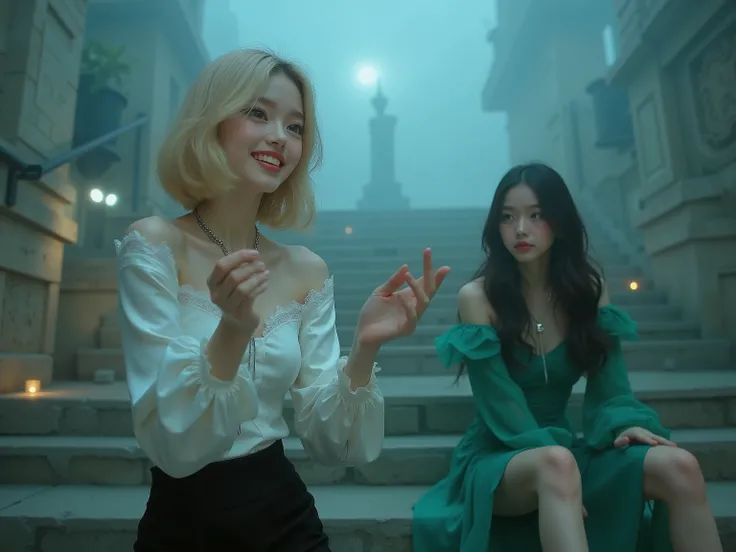 8k hyper-photorealistic cinematic close-up shot of a stunning 16-17-year-old Japanese main girl confidently presenting with a beam projector in hand, gesturing animatedly with sharp brown almond eyes sparkling with joy and a playful smile revealing pearl t...