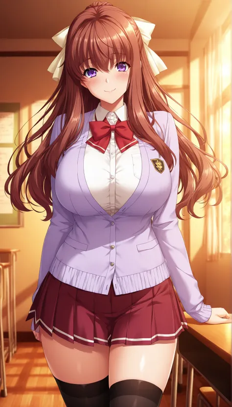 masterpiece, best quality, good quality, 1 girl, Maihara Suzune, brown hair, long hair, violet eyes, hair ribbon, large medium breast, beautiful breast, perfect ratio, slim, game cg style, blush, horny, slutty, smile, school uniform, white blouse, purple c...