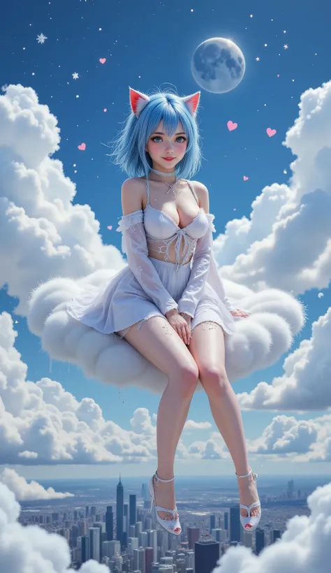 3D anime girl with shaggy blue hair, fading to red, cat ears, sitting on a fluffy cloud, heart, frost, raindrops, clouds, moon, starry sky, smiling sweetly. Below is a city with skyscrapers. Photorealistic style, Photoshop, reality, fine detailing.
