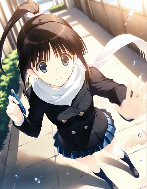 masterpiece,best quality,good quality,newest, outdoors,day, smile, looking at viewer, solo, anime coloring, sugiura_koharu\(white_album_2\),1girl,black hair,ponytail,hair ribbon,blue eyes, white scarf,black jacket,double-breasted, plaid_skirt,pleated_skirt...