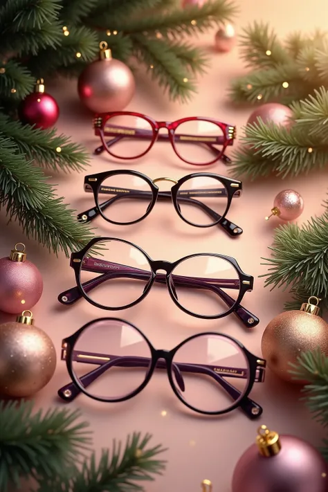 Draw a promotional New Year poster for an optical store (sells glasses). There should also be glasses in different frames, and spruce branches around, gold and pink Christmas tree balls.