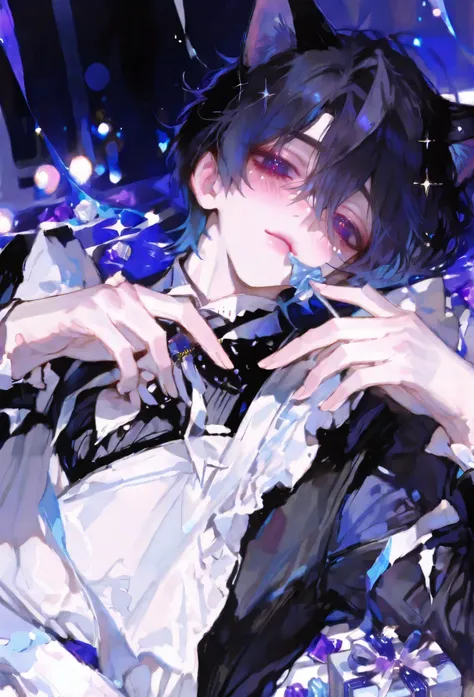 handsome young man with black hair and violet eyes, 
lying down and reaching his hand toward the viewer,
cat ears, seductive gentle expression,
wearing a refined butler outfit with a white apron,
a small white wrapped candy held delicately at the tip of hi...