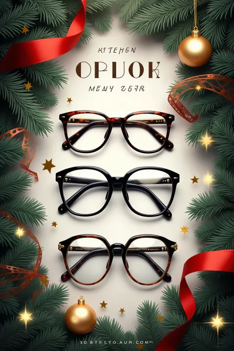 Draw a promotional New Year poster for an optical store (sells glasses). There should also be glasses in different frames, and spruce branches around, gold-colored Christmas tree balls, serpentine ribbons.