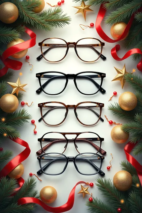 Draw a promotional New Year poster for an optical store (sells glasses). There should also be glasses in different frames, and spruce branches around, gold-colored Christmas tree balls, serpentine ribbons.