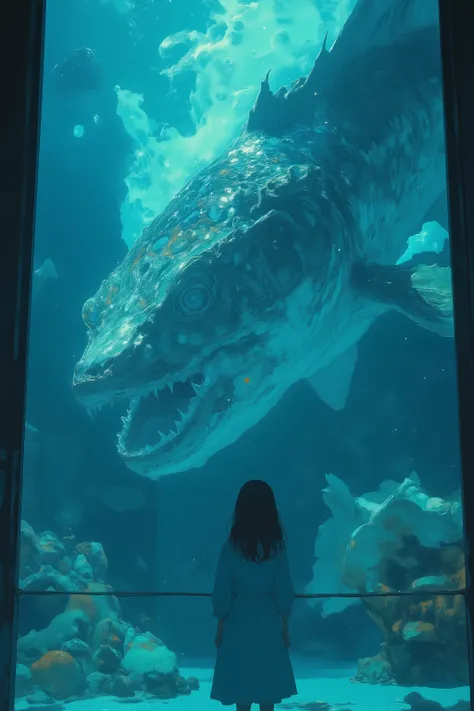 standing in front of a huge indoor aquarium tank、there is a little girl who is watching with mystery and awe at the otherworldly and super-huge ancient fish swimming there,What fish A pattern that has thick scales and shines mysteriously like ancient magic...