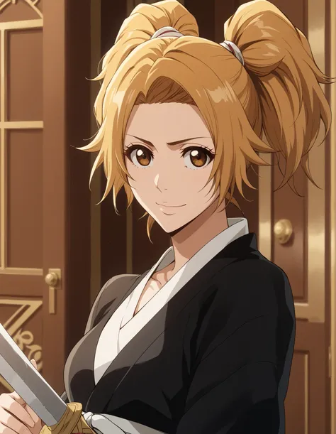 solo, One girl, Brown-eyed blonde girl of fifteen, young, beautiful, with light golden hair in two high ponytails, (hairstyle two high tails), hair ends curl, in a black kimono and with a white belt at the waist, holding and showing a sword to the viewer,...