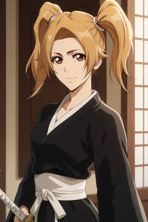 solo, One girl, Brown-eyed blonde girl of fifteen, young, beautiful, with light golden hair in two high ponytails, (hairstyle two high tails), hair ends curl, in a black kimono and with a white belt at the waist, holding and showing a sword to the viewer,...