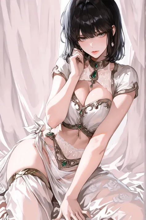 ((Masterpiece)), Alone, beautiful adult woman, Han Sooyoung, Arabian princess dress, white top, bare abdomen, sarong white and transparent, Plain white underwear, elegant woman, short hair, black hair, gray eyes, sensual pose, neckline towards the front, ...