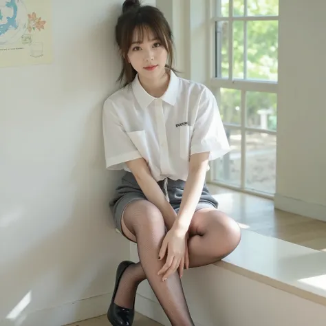 dark brown hair tied at the back、breathtakingly beautiful woman ,  slender figure that cries tears ,  slender eyes 　she's wearing a Nishijin textile costume, wearing a white short-sleeved collared shirt、on {x} body Put on a gray pencil miniskirt that fits ...