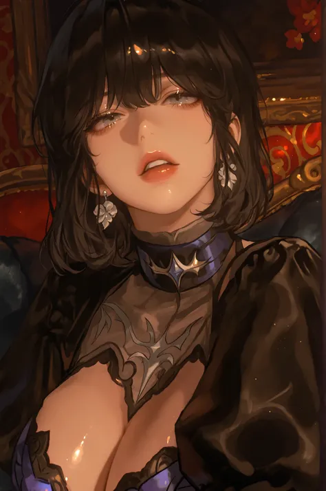 ((Masterpiece)), solo, beautiful adult woman, han sooyoung, vestido negro, mujer elegante, short hair, black hair, gray eyes, sensual pose, neckline towards the front, leaning towards the camera, fondo blanco.