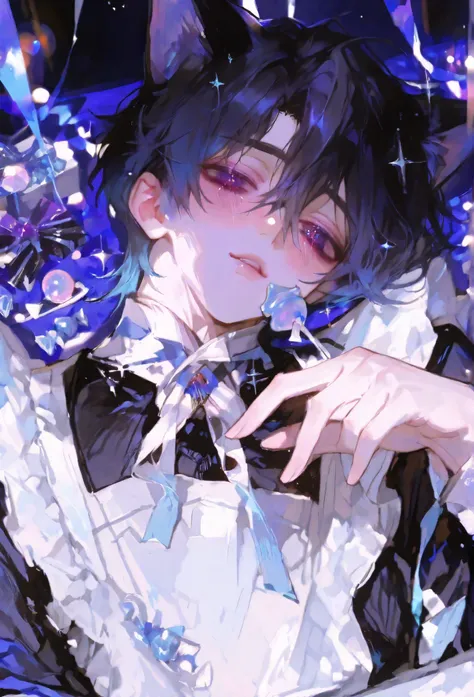 handsome young man with black hair and violet eyes, 
lying down and reaching his hand toward the viewer,
cat ears, seductive gentle expression,
wearing a refined butler outfit with a white apron,
a small white wrapped candy held delicately at the tip of hi...