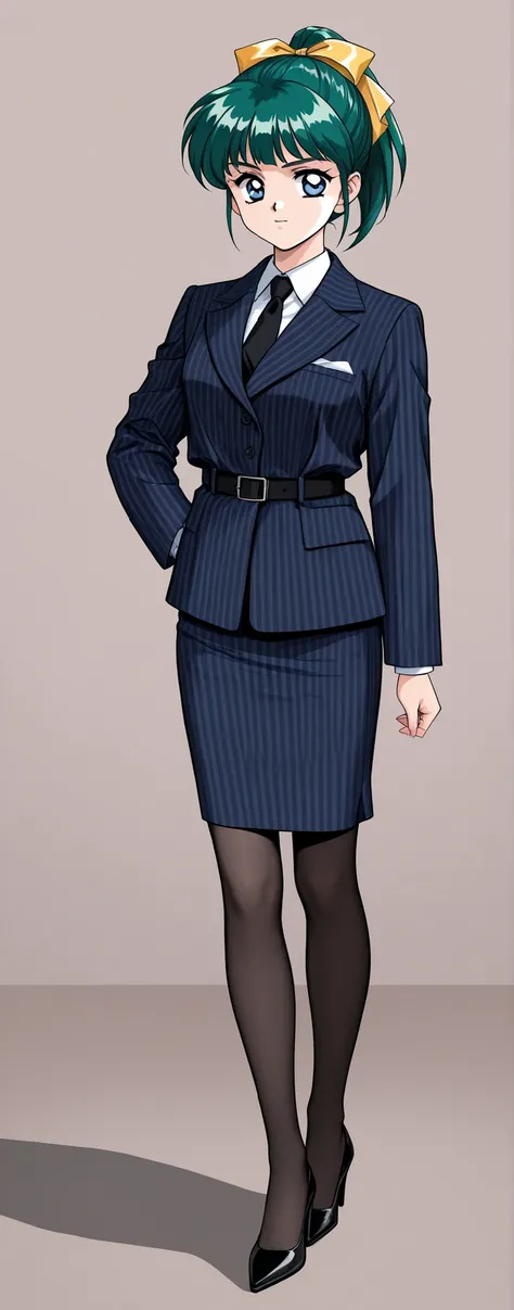 1 girl,solo,green hair,short hair,ponytail,blue eyes,hair ribbon,Yellow Bow,Hair Bows,bungs,1990s(style)、角井綾style、全身style,Medium Bust,black pantyhose,wearing a navy blue suit,navy blue striped jacket,collared shirt,white shirt,black tie,belt,navy blue stri...