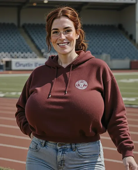 Margaret wearing a burgundy hoodie with university logo. Light blue jeans. Slight smile. photorealistic, highly detailed. large breasts and voluptuous figure. Hair in a ponytail. In the background a sports track.