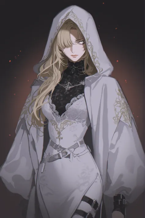 best quality, masterpiece, 1girl, blond, light hair, long_hair, straight_hair, neutral expression, priestess, mature face, dark fantasy, {black, white, gold, splash art}, belts, leg belt, arm belt, path to nowhere, pattern undershirt, white undershirt, wh...