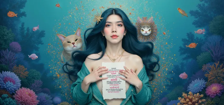 Logo. magical letter-shaped animals, fonts, beautiful close-up face mermaid on central holding text on her chest says "DiaH PratiWi" , auto correct detail words text. magical under ocean creatures.