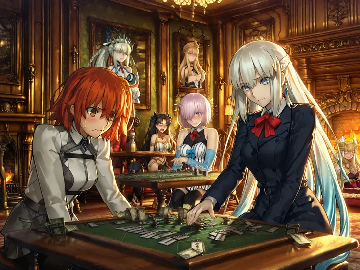 (masterpiece:1.2), (Highest Quality:1.2), (Super Detailed:1.2), (Fate/Grand Order style:1.3), (Thickly painted anime style:1.2), (anime style:1.25),
(4girls:1.3), (intimate atmosphere:1.3), ((Fate Grand Order:1.2)),

((sitting around  table)), ((playing Mo...