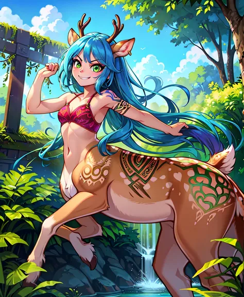 detailed background, lush jungle, exotic flora and fauna, sunlight streaming through the canopy, clear blue sky above, (half-human half-deer taur girl:1.2), (slim build with a toned upper body:0.9), (flowing hair cascading down her shoulders:1.1), (deer ho...