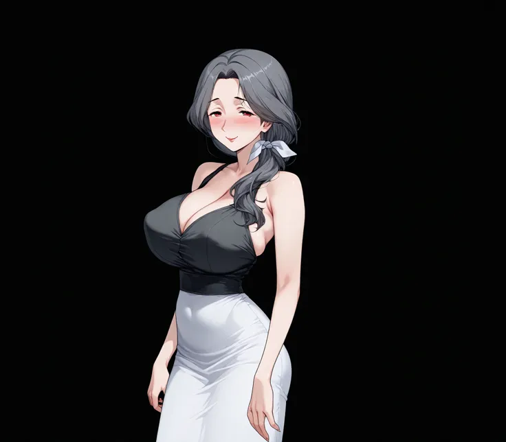 Miyuri, 1girl, blush, feverish smile, (huge breasts:1.4), (grey hair:1.2), black dress, (Mature woman:1.3), long hair, low hair tie, (thin legs:1.2), (slim waist:1.2), saggy breasts, cleavage