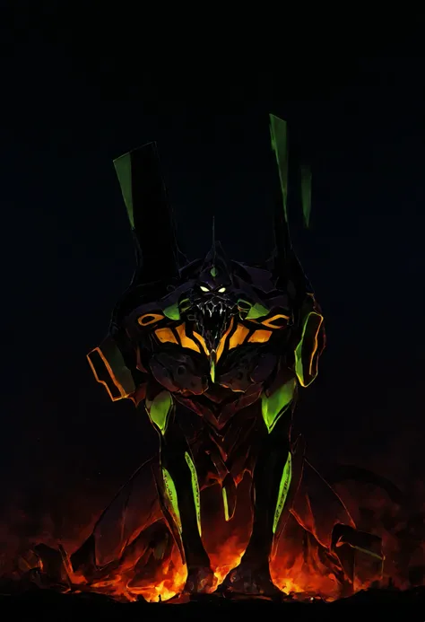 (the best quality suit, 4k, ultra detailed, high resolution, Masterpiece: 1.2), giant robotic humanoid (eva 01)  on all fours with an open mouth among trees in a valley ,  with an open mouth showing intricate and detailed teeth and tongue,  Purple armor wi...