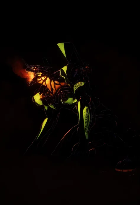 (the best quality suit, 4k, ultra detailed, high resolution, Masterpiece: 1.2), giant robotic humanoid (eva 01)  on all fours with an open mouth among trees in a valley ,  with an open mouth showing intricate and detailed teeth and tongue,  Purple armor wi...