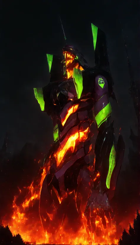 (the best quality suit, 4k, ultra detailed, high resolution, Masterpiece: 1.2), giant robotic humanoid (eva 01) standing with open mouth among trees in a valley,  with an open mouth showing intricate and detailed teeth and tongue,with arms squeezed and in ...