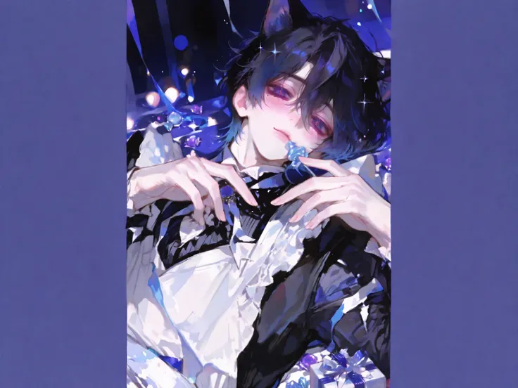 handsome young man in his mid-20s with black hair and violet eyes, 
lying down and reaching his hand toward the viewer, 
cat ears, seductive yet calm and mature expression, 
wearing a refined butler outfit with a white apron, 
a small white wrapped candy h...