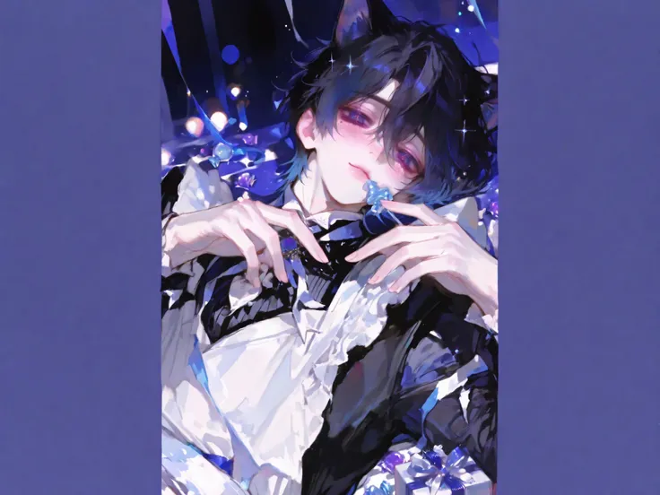 handsome young man in his mid-20s with black hair and violet eyes, 
lying down and reaching his hand toward the viewer, 
cat ears, seductive yet calm and mature expression, 
wearing a refined butler outfit with a white apron, 
a small white wrapped candy h...