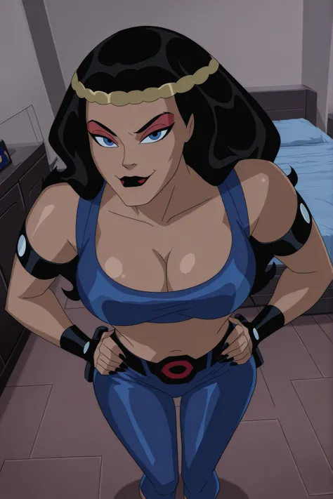 BREAK, score_6_up, score_7_up, score_8_up, score_9, b1gb4rd4, 1girl, solo, long hair, breasts, blue eyes, black hair, jewelry, hairband, dark red lips, lipstick, makeup, black nails, large breasts, busty, cleavage, curvy, athletic, looking at viewer, seduc...