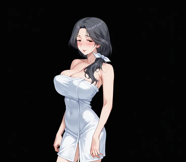 Miyuri, 1girl, blush, feverish smile, (huge breasts:1.4), (grey hair:1.2), white bath towel, (Mature woman:1.3), long hair, low hair tie, (thin legs:1.2), (slim waist:1.2), saggy breasts, cleavage