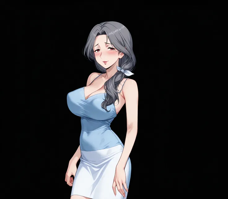 Miyuri, 1girl, blush, feverish smile, (huge breasts:1.4), (grey hair:1.2), naked, (Mature woman:1.3), long hair, low hair tie, (thin legs:1.2), (slim waist:1.2), cleavage