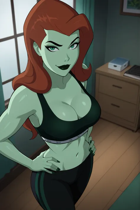 BREAK, score_9_up, score_8_up, score_7_up, score_6_up, poison ivy, 1girl, solo, ginger hair, long hair, black eyebrows, makeup, black lipstick, green skin, looking at viewer, seducing viewer, teasing viewer, best quality, high quality, seductive expression...