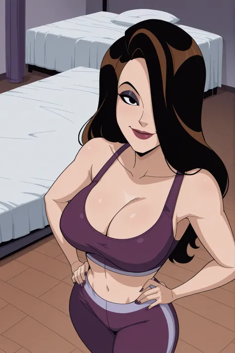 BREAK, score_6_up, score_7_up, score_8_up, score_9, 1girl, solo, long hair, black hair, brown hair, hair over one eye, black eyes, lipstick, makeup, t4lb4t, large breasts, busty, cleavage, curvy, athletic, looking at viewer, seducing viewer, teasing viewer...