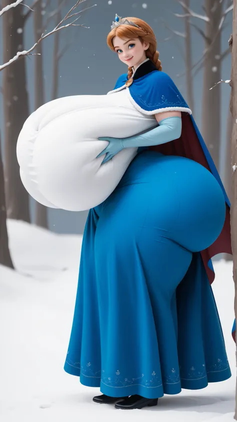 Disney Princess Anna with gigantic breasts, ((((((gigantic breasts)))))), (breast squeeze), (((gigantic butt))), ((from side)), AnnaXLP, blue dress, long skirt, elbow gloves, cape, capelet, corset, twin braids, narrow waist, wide hips, thick thighs, lookin...
