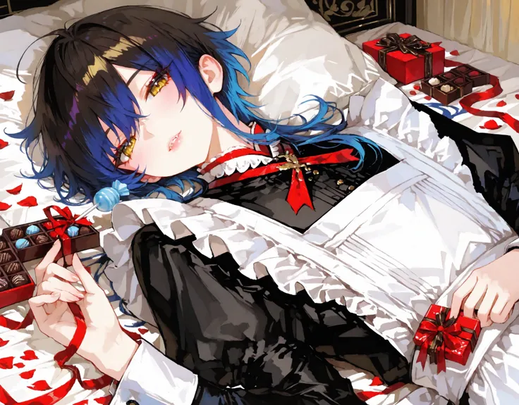 handsome young man, early twenties, slightly wild charm, soft gentle expression, cute gap moe vibe, black messy hair, golden eyes, lying on a soft white bed, wearing elegant frilly maid butler outfit, white apron, holding a light-blue candy near lips, surr...